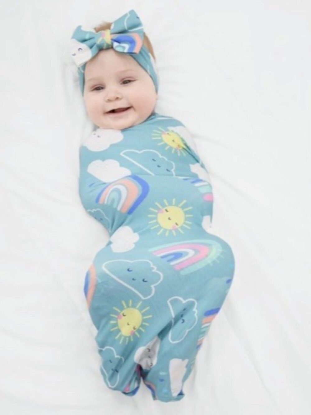 NIB Little Sleepies Sunny Skies Swaddle & Luxe Bow Headband Photo Rainbow bamboo
